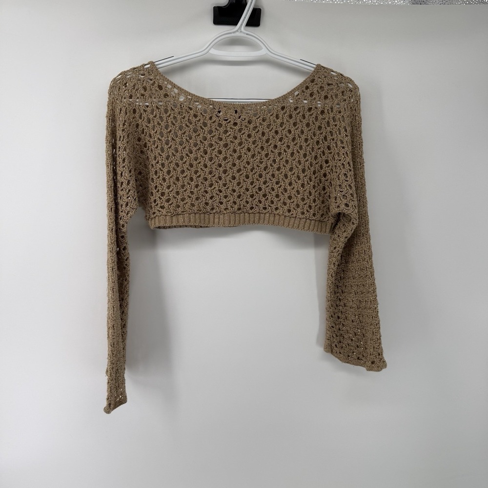 Y2K Fairy Crochet Crop Top‎ Bell Sleeve Sheer Knit Boho Festival Gold Metallic M - Picture 3 of 7